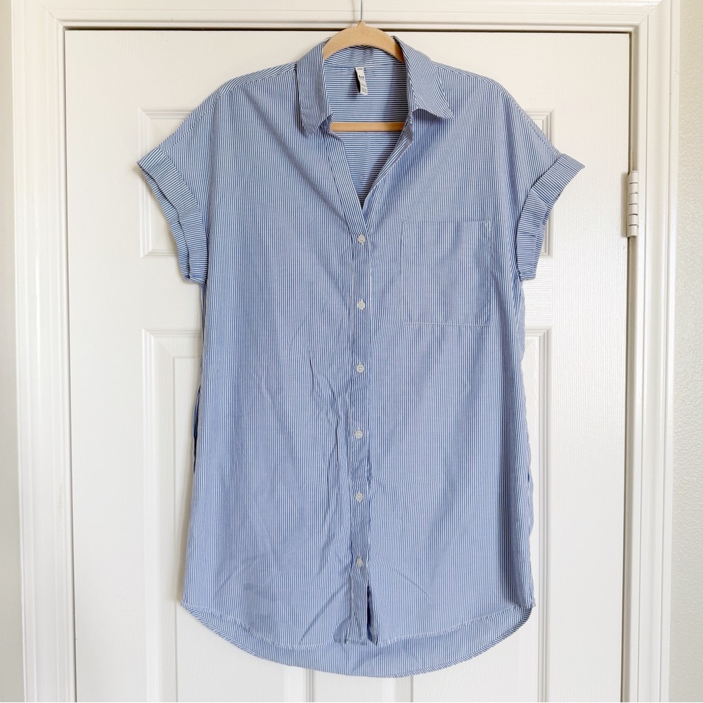 Zara Blue and White Striped Short Sleeve Shirt Dress